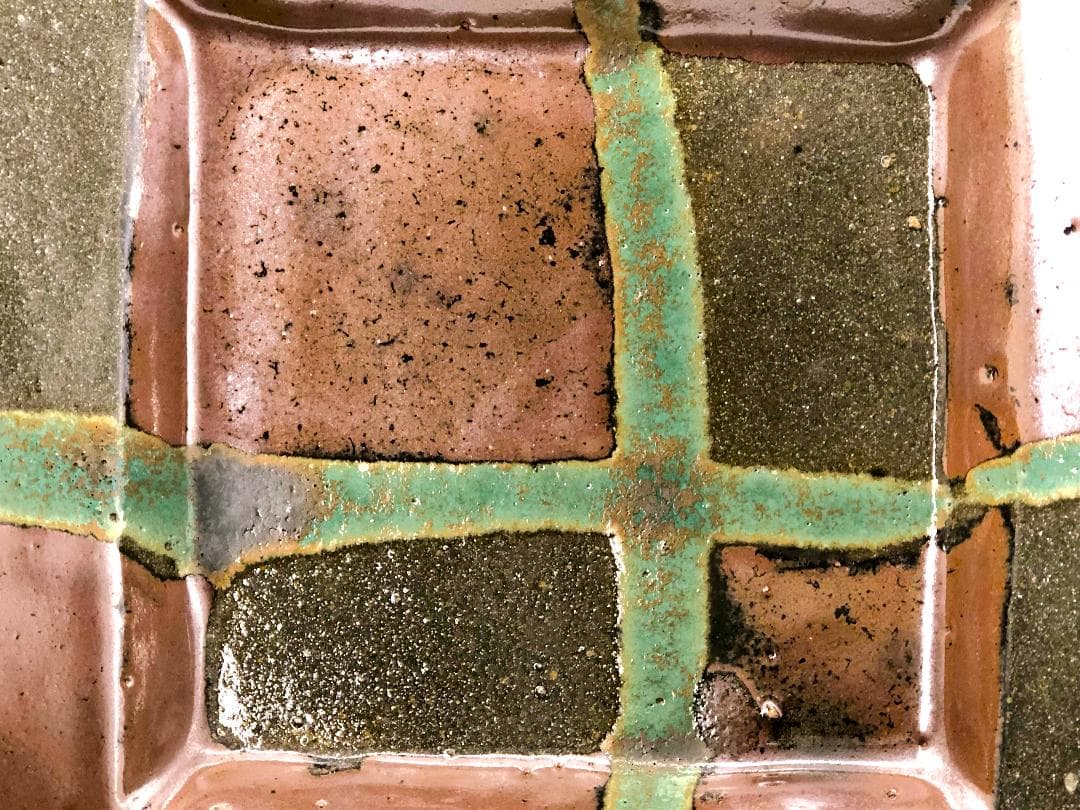 【 人間国宝 浜田庄司 】　柿釉青差角盛皿 40cm本人作　蔵出初品