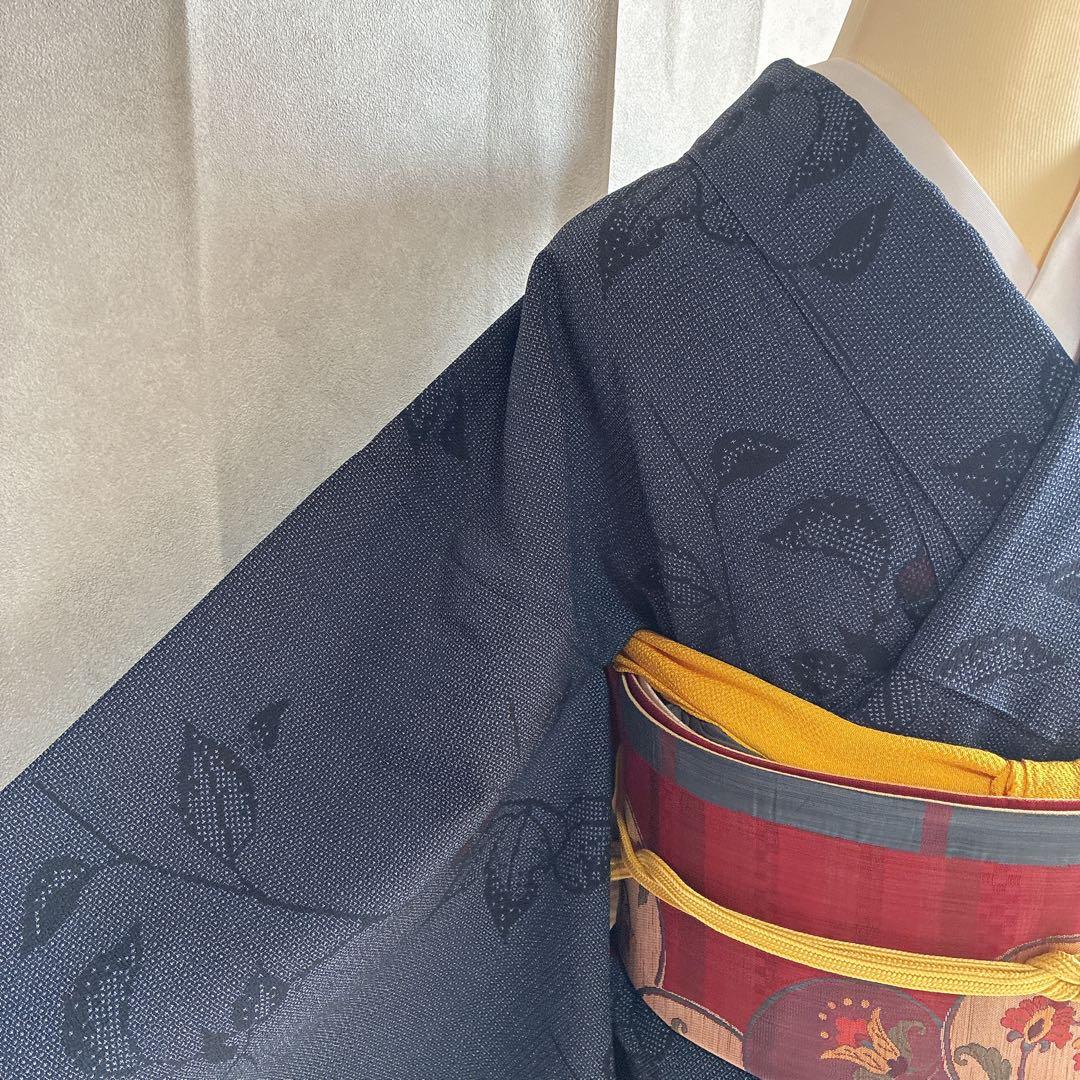 小紋　フルセット　着物　正絹　しつけ糸付き　紺映え　木の実　大人粋　J7