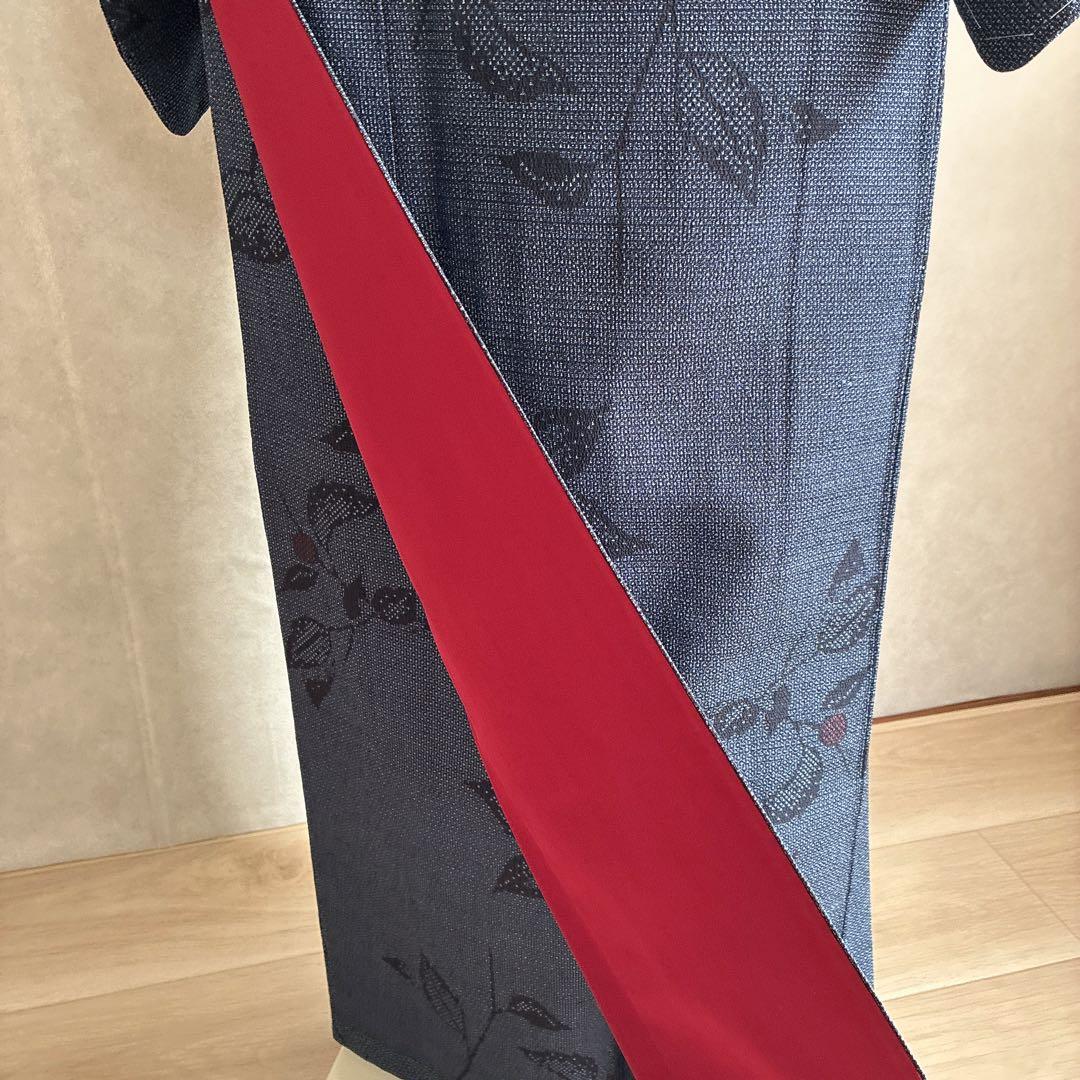 小紋　フルセット　着物　正絹　しつけ糸付き　紺映え　木の実　大人粋　J7