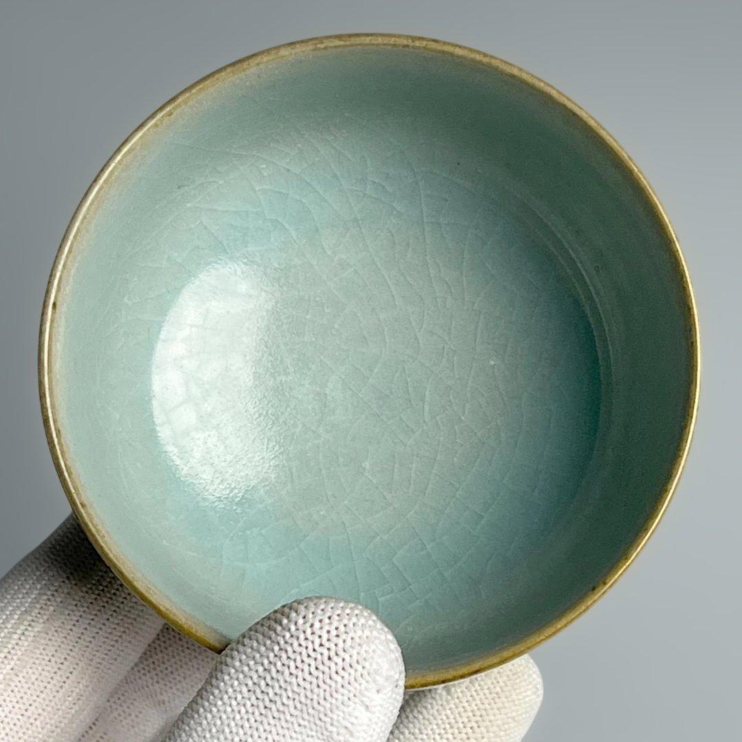 青磁 天青釉茶盞 擺件 中国古玩美術 唐物 旧家伝来 SH76