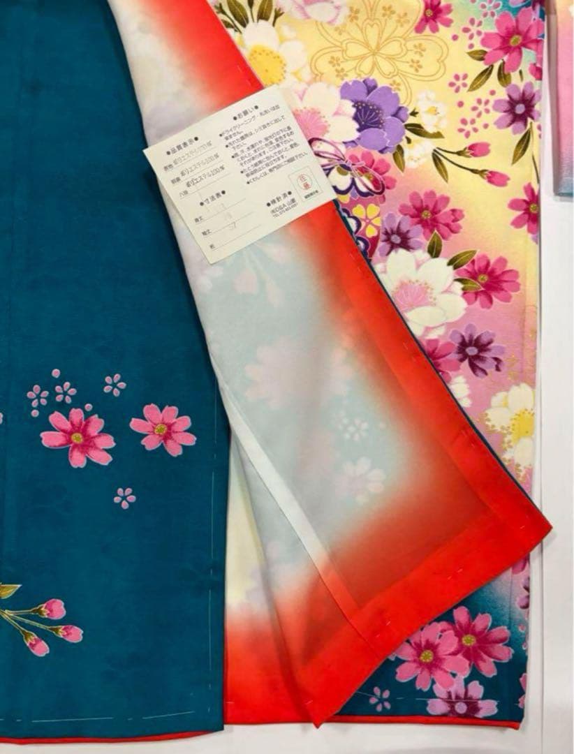 七五三　7歳女の子着物　新品　2点セット　秋桜　鮮やかブルーグリーン　鈴　八重桜