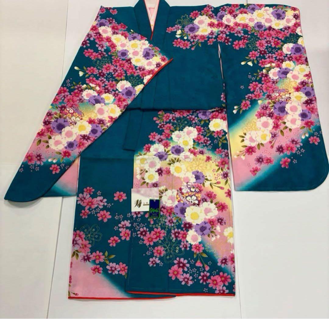 七五三　7歳女の子着物　新品　2点セット　秋桜　鮮やかブルーグリーン　鈴　八重桜