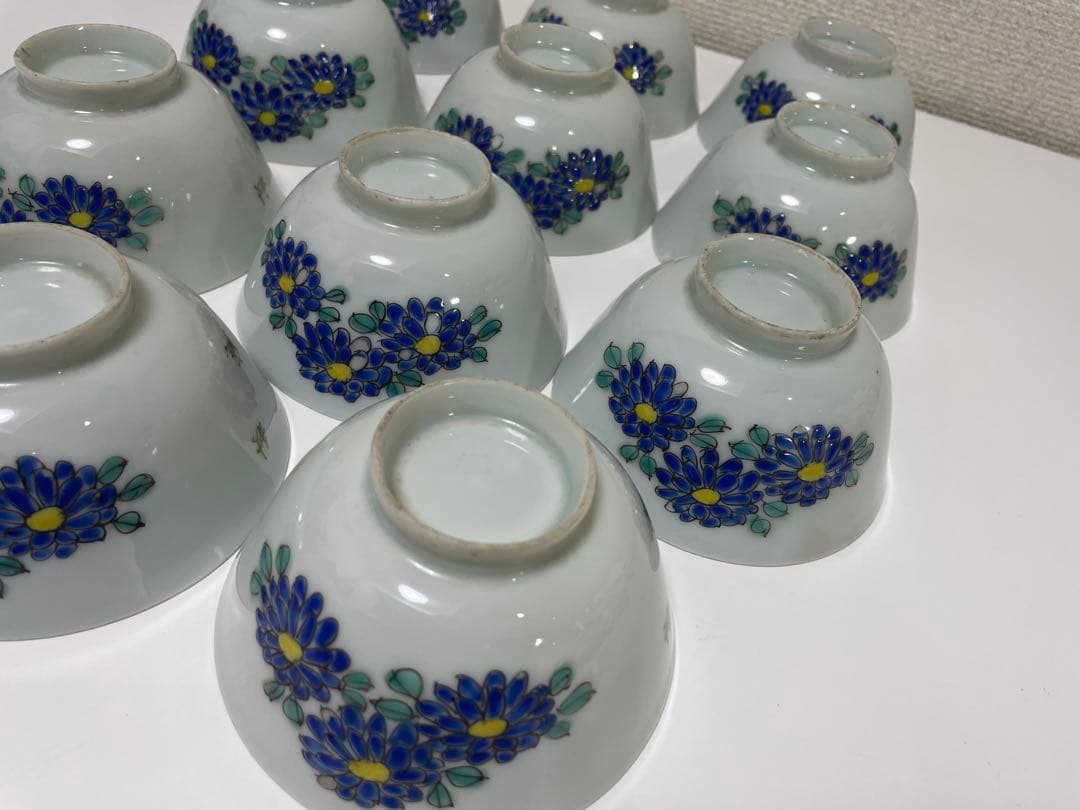 【現状品】白磁 茶碗 蓋付き椀 秋庭菊花香 花柄 レトロ アンティーク 11客
