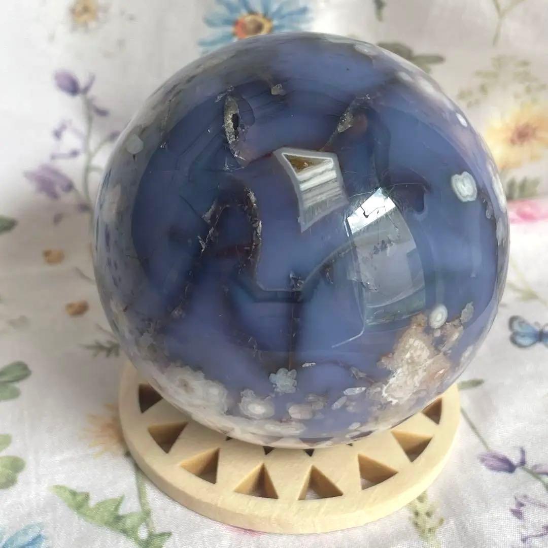 64mm大きなブルー桜瑪瑙 スフィア 天然石 置物