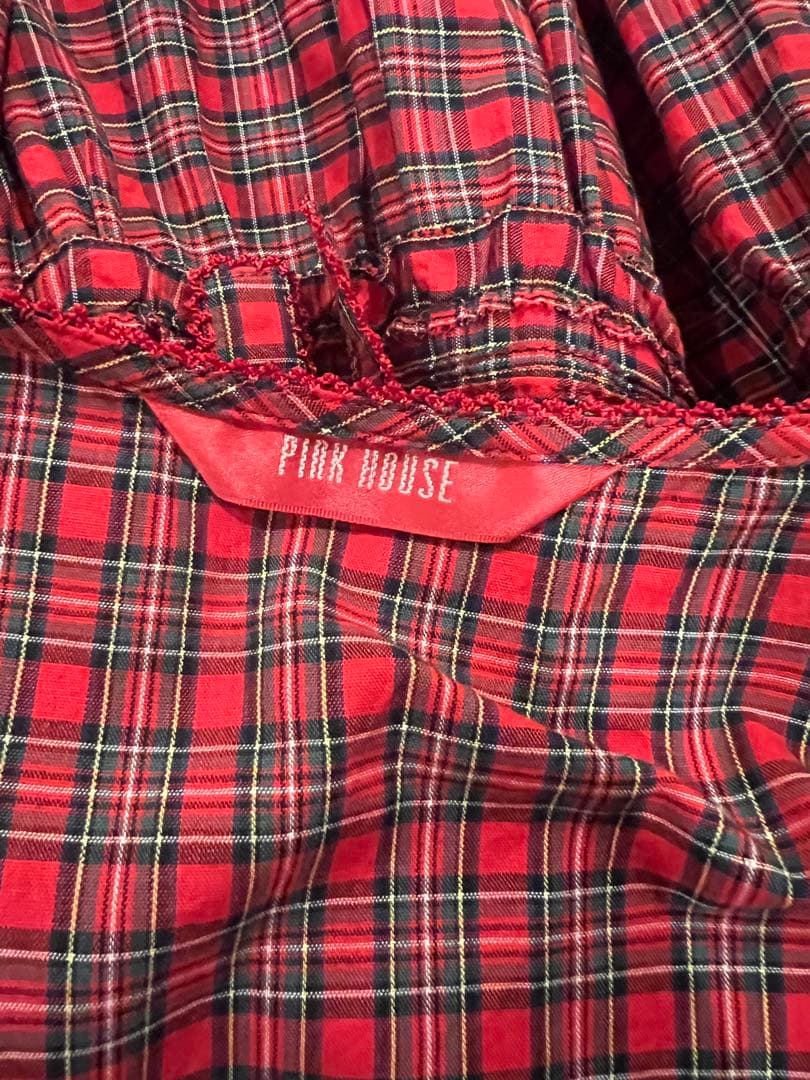 ピンクハウス　たくしあげ　タータンチェック　ワンピース　赤