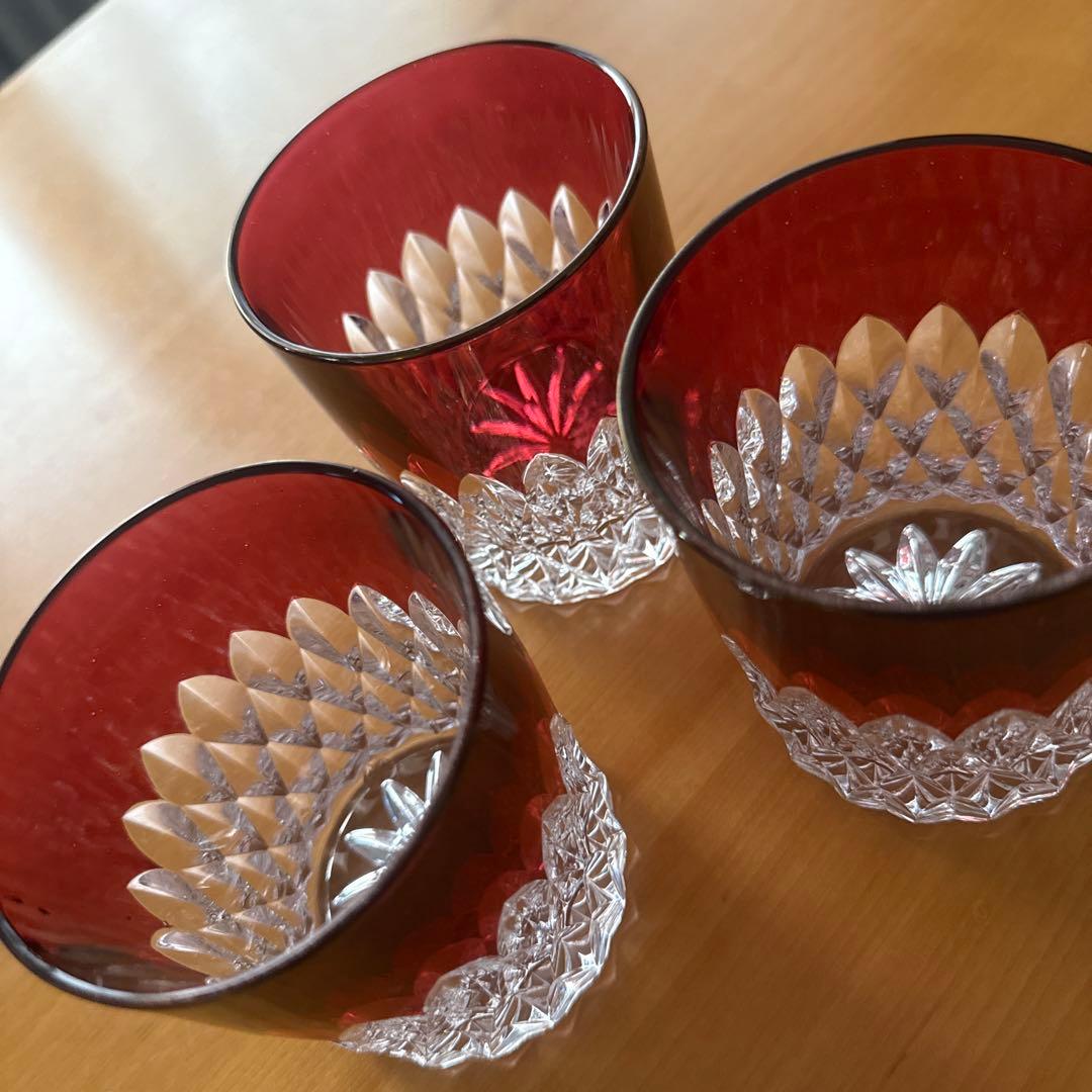 80's未使用★アンティークカットガラス被せガラス３個セット