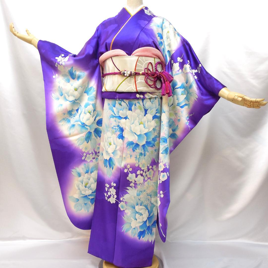 美品★振袖フルセット　正絹　振袖　７点　成人式　Sサイズ　パープル系　紫　花柄