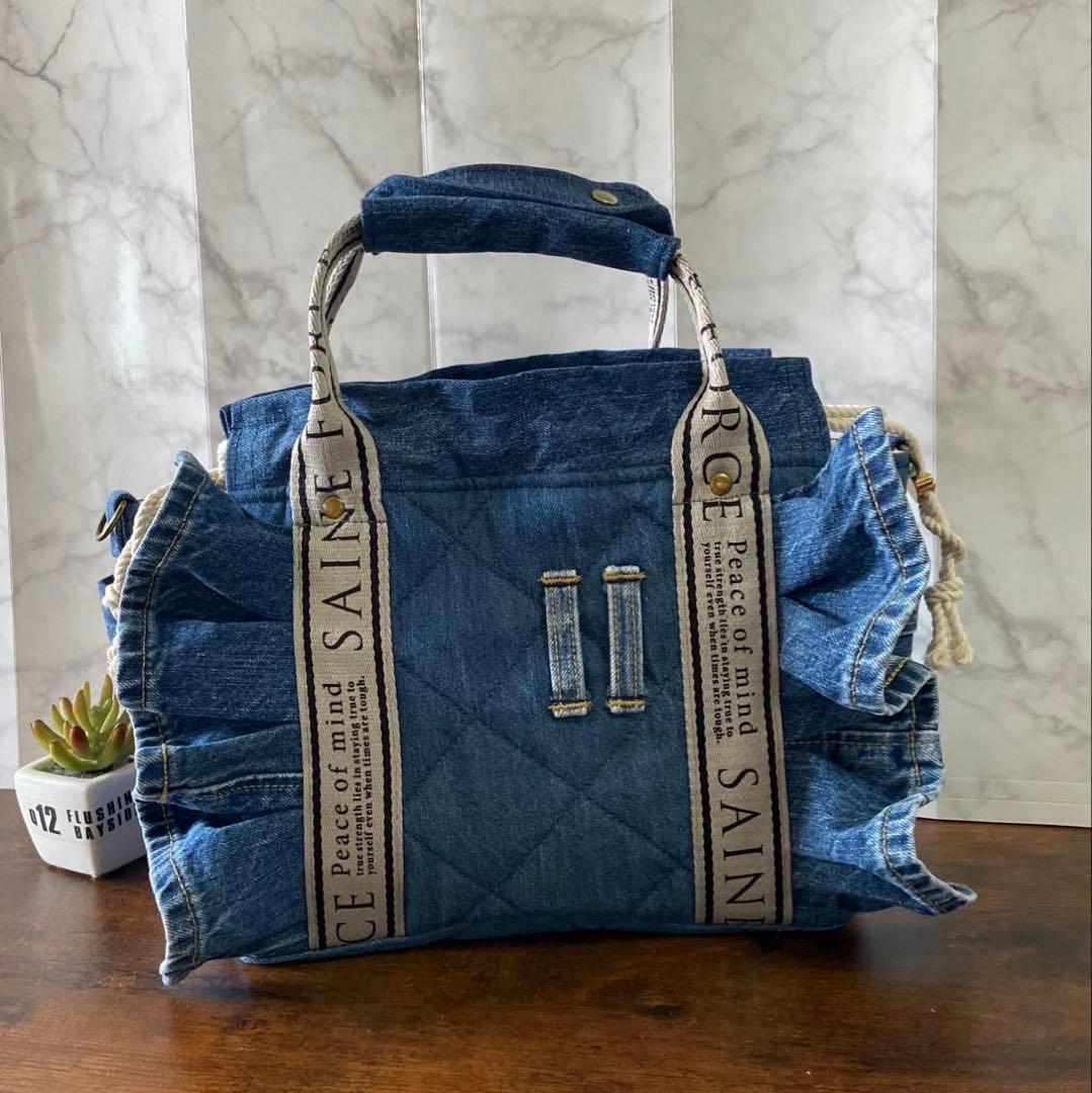 Ｎｏ.64 デニムリメイク【フリルバッグ】トートバッグ ハンドメイド