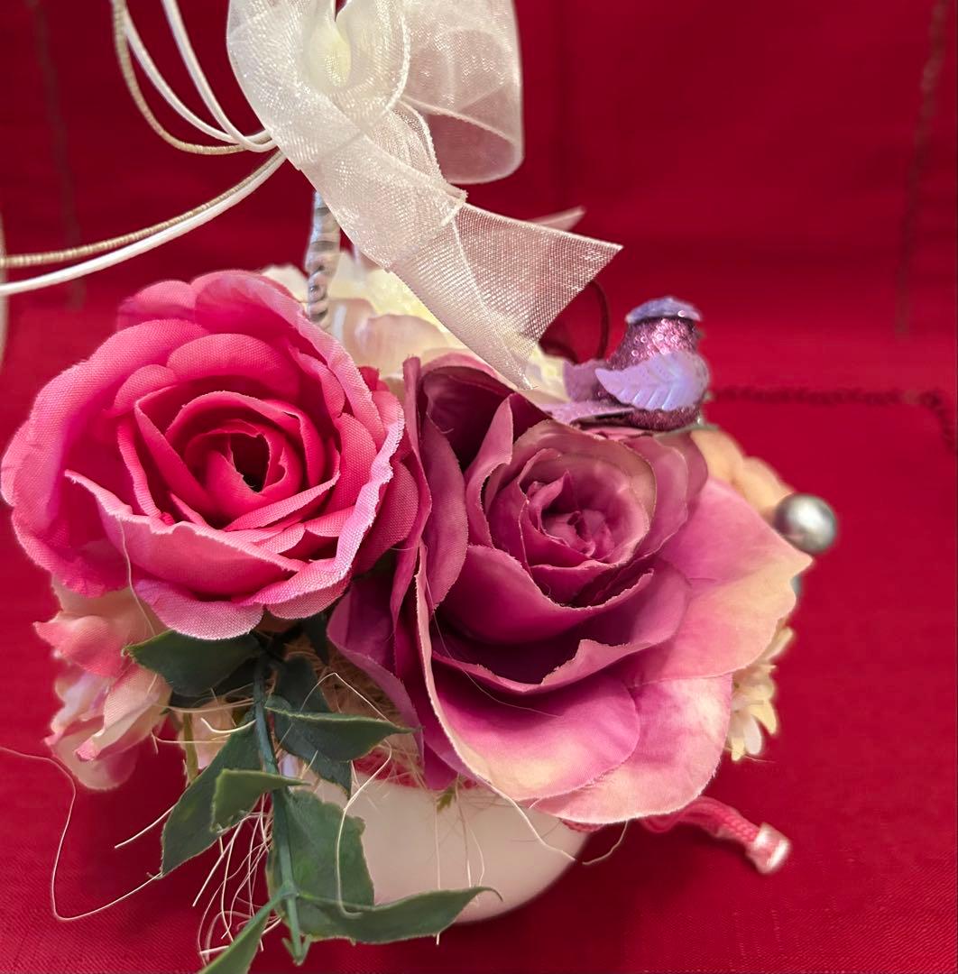 «846»◤完売◢♥️感謝祭♥️フラワーオブジェ*薔薇*紫陽花*小鳥*パープル