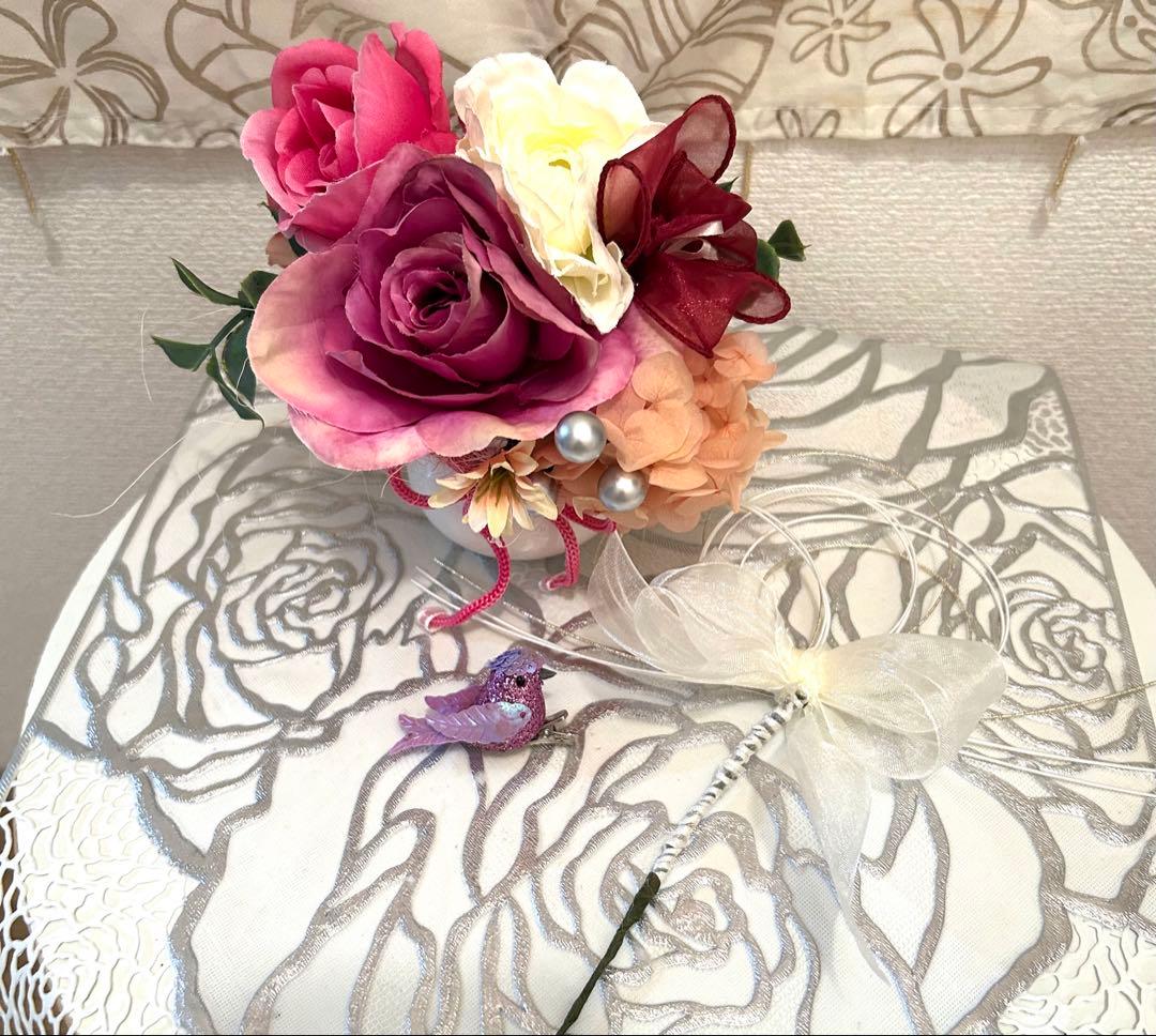 «846»◤完売◢♥️感謝祭♥️フラワーオブジェ*薔薇*紫陽花*小鳥*パープル