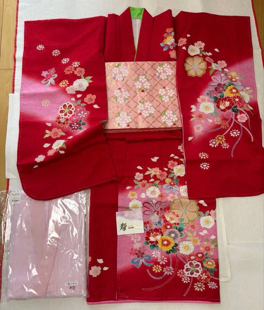 七五三♡【新品】正絹 赤 王道 着物 四つ身 七歳