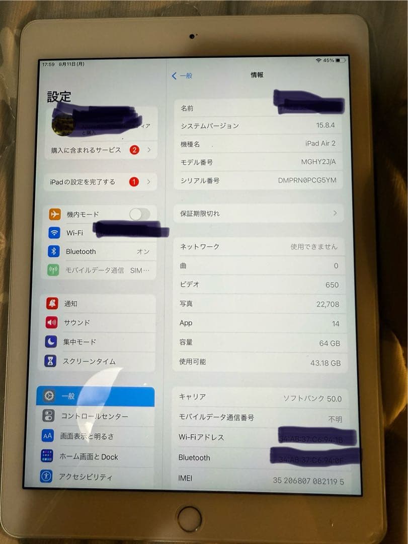 Apple iPadAir2 64GB Wi-Fi+セルラー　シルバー　美品