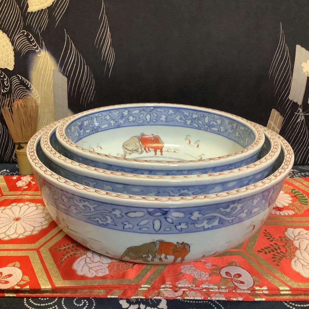 古伊万里　三つ鉢　鉢皿　女夫馬紋　幕末　馬年　九谷焼・大聖寺・李朝・輪島塗好き