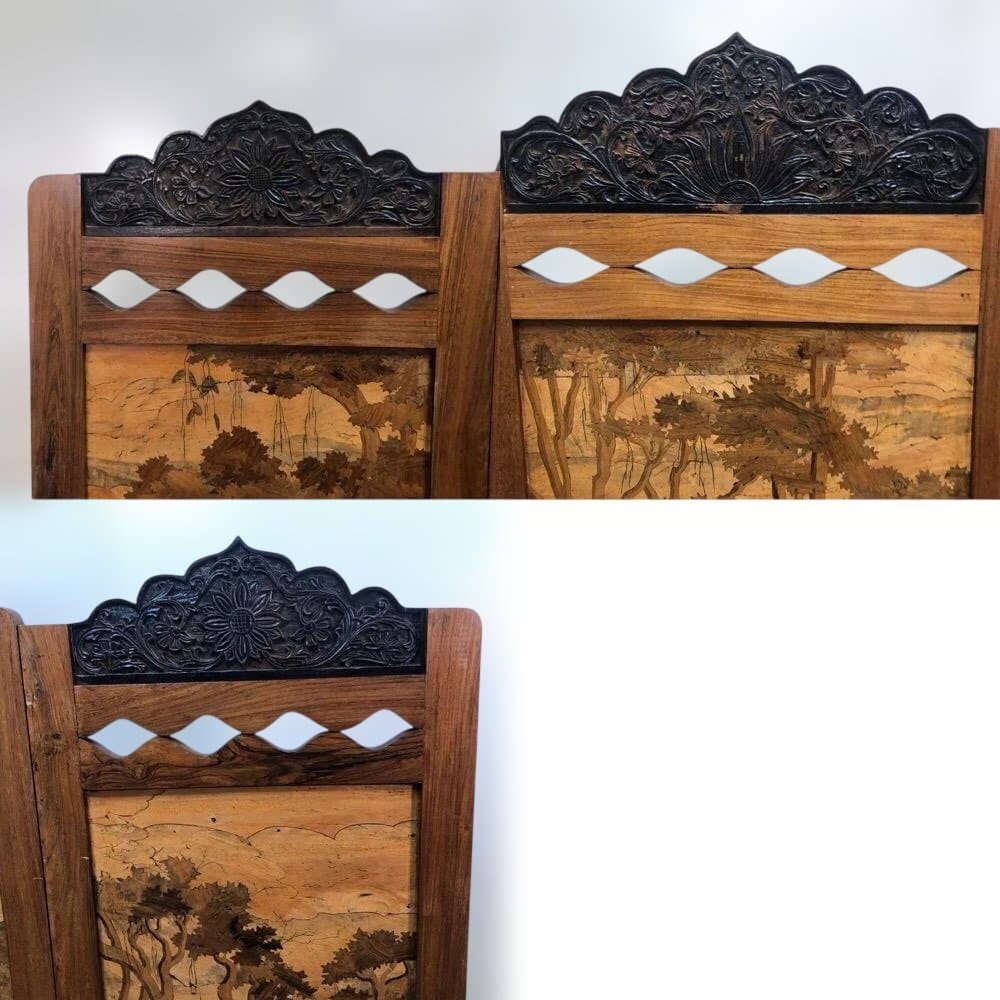 昭和52年製 木象嵌 三連衝立 松に孔雀 瑞鳥 神戸税関検査印 260117-1