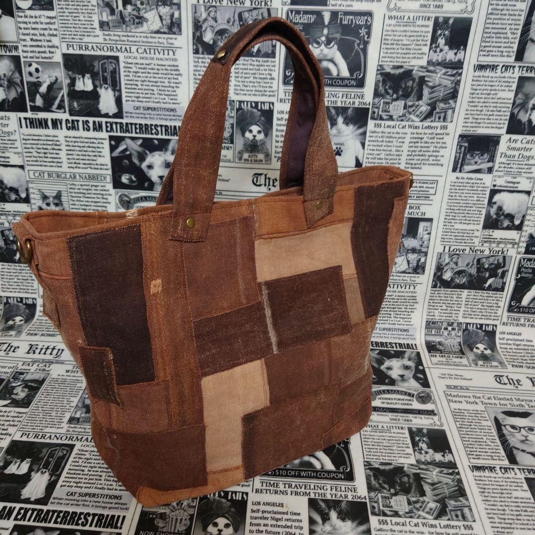 ☬酒袋リメイク☬BIGトートバッグ/カットオフパッチワーク/柿渋染め/古布/襤褸