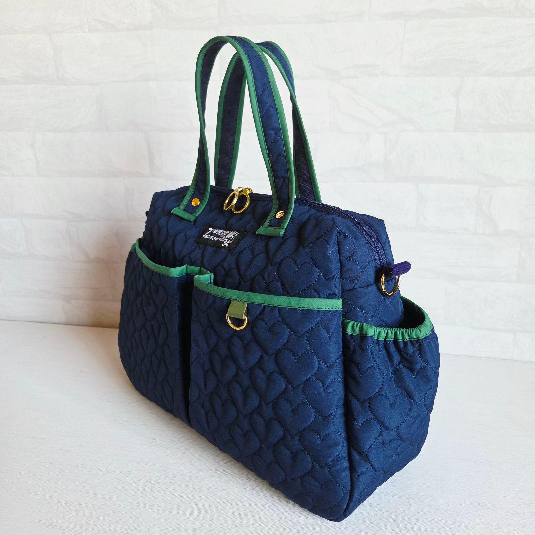 マチャ抹茶様　ポケットいっぱいトートバッグ(L)　ネイビー×グリーン