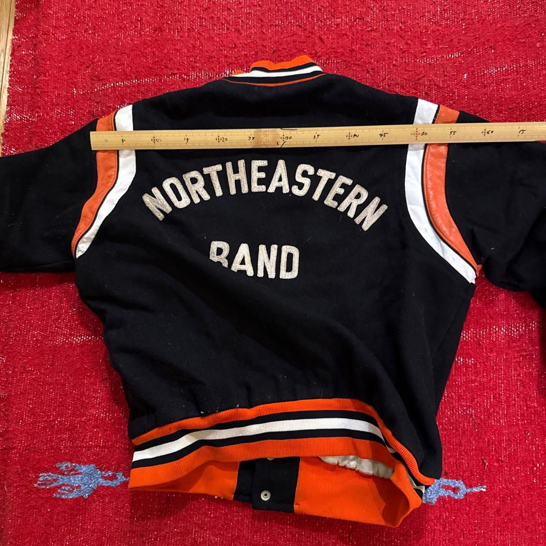 ヴィンテージスクールジャケット　ウール　レザー切替 チェーンステッチ刺繍 XL