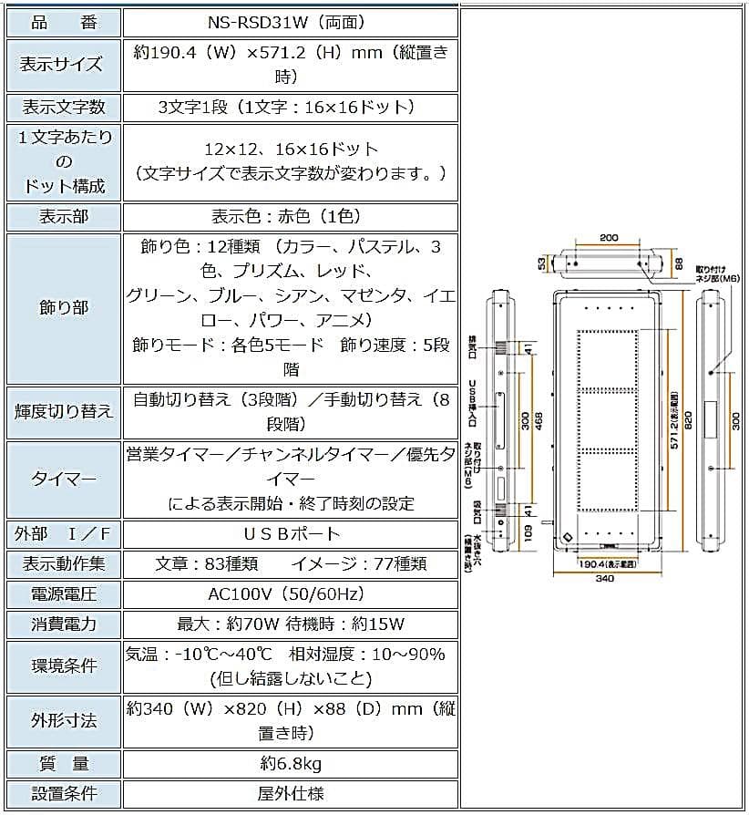 屋外用LED看板（両面）、説明書、リモコン、節電モード可能、文字入れサービス有り