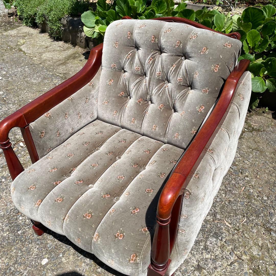 【美品】新象 シングルソファ 1P アンティーク 花柄　グレー　レトロ　ソファ