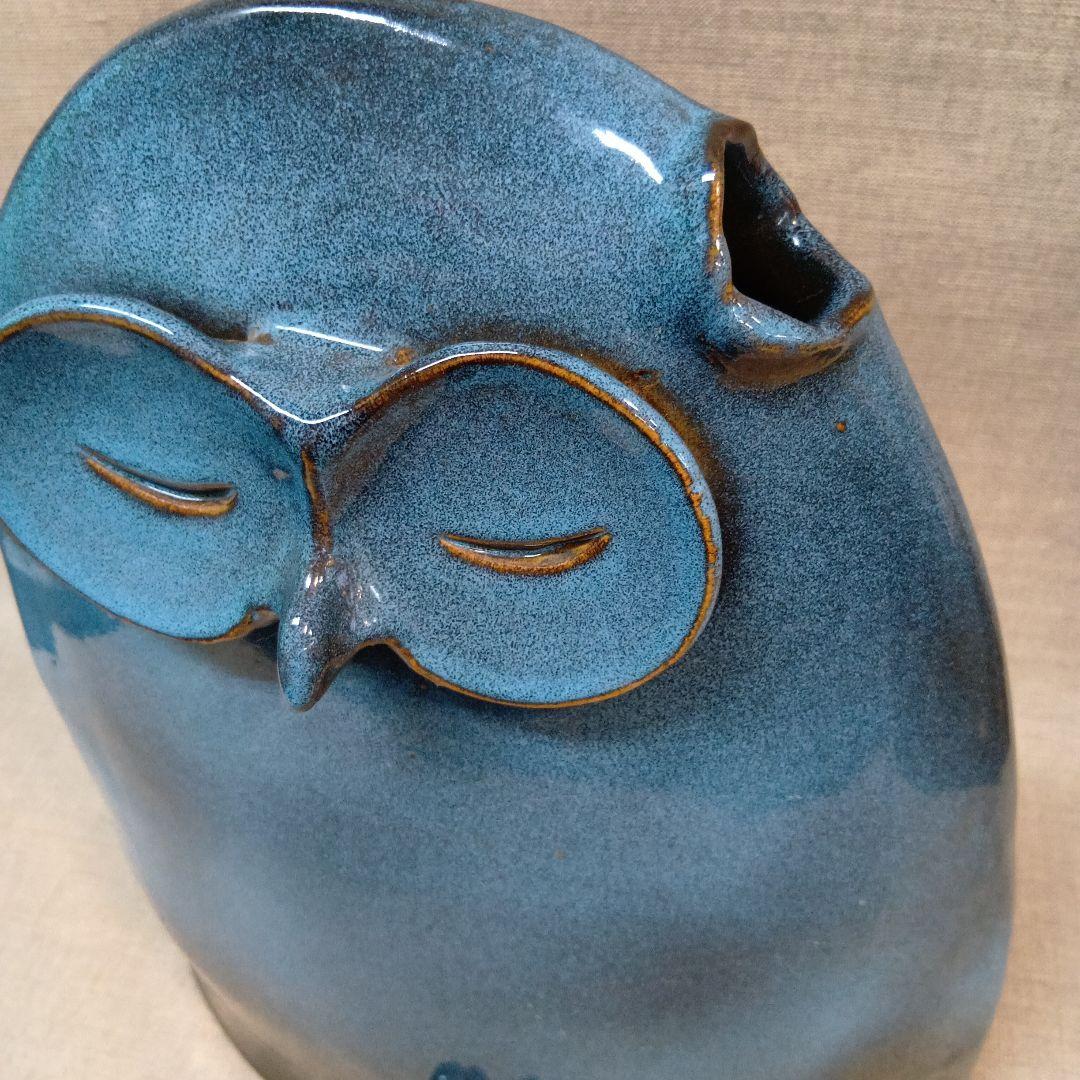 フクロウの陶器　作家物　花器　花瓶 ブルー　グラデーション