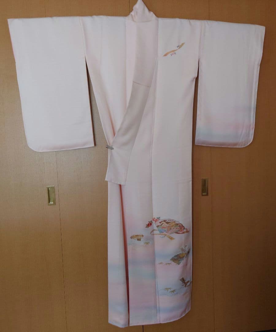 【美品】訪問着フルセット　正絹　袷　桜色　扇面草花文様　唐織六通袋帯