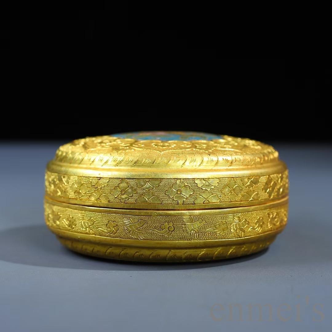 中国古美術 鍍金 純銅製 首飾箱 鏨刻工芸 掐絲七宝 小物入 観賞用 細密細工
