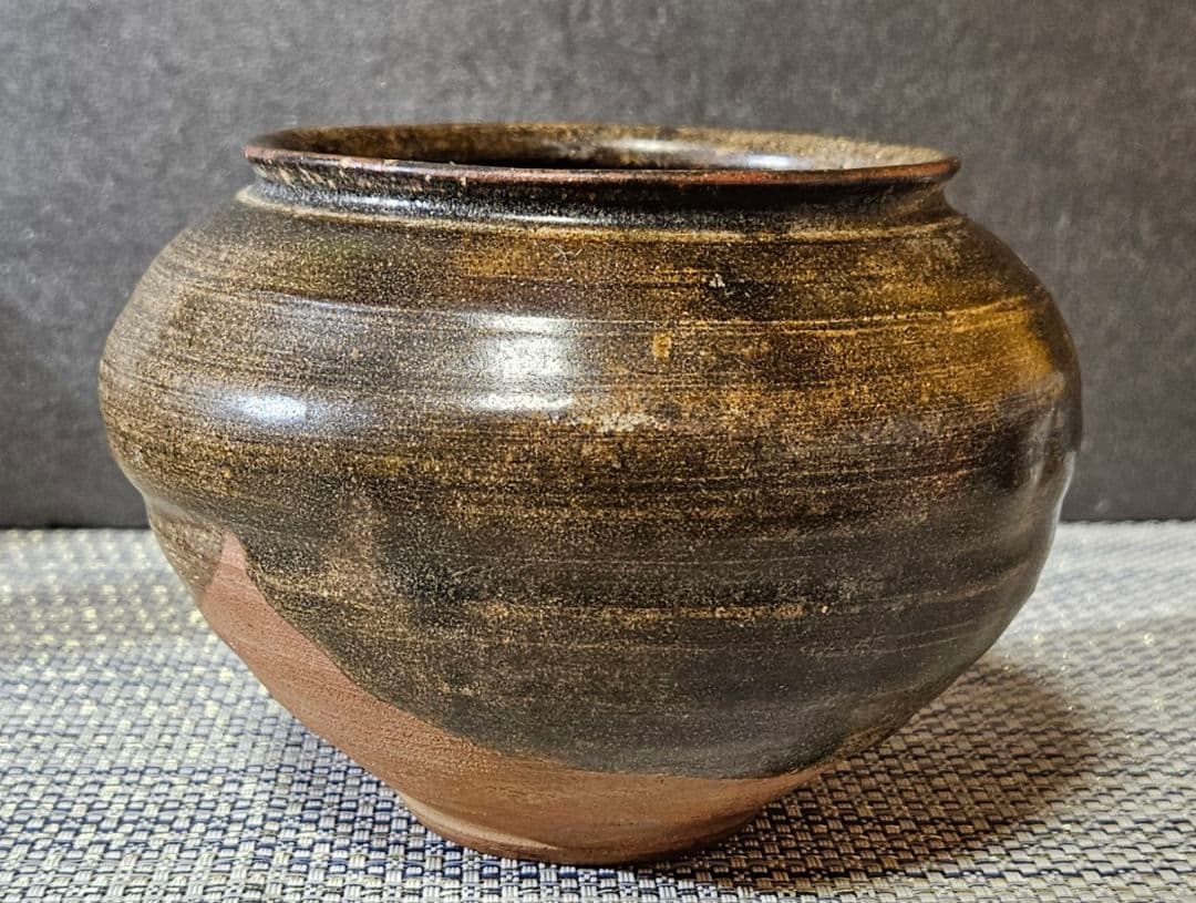 【時代古作品❗】古唐津　灰釉　褐釉　丸壺 　花入れ　花生け　茶道具　茶器　無傷！
