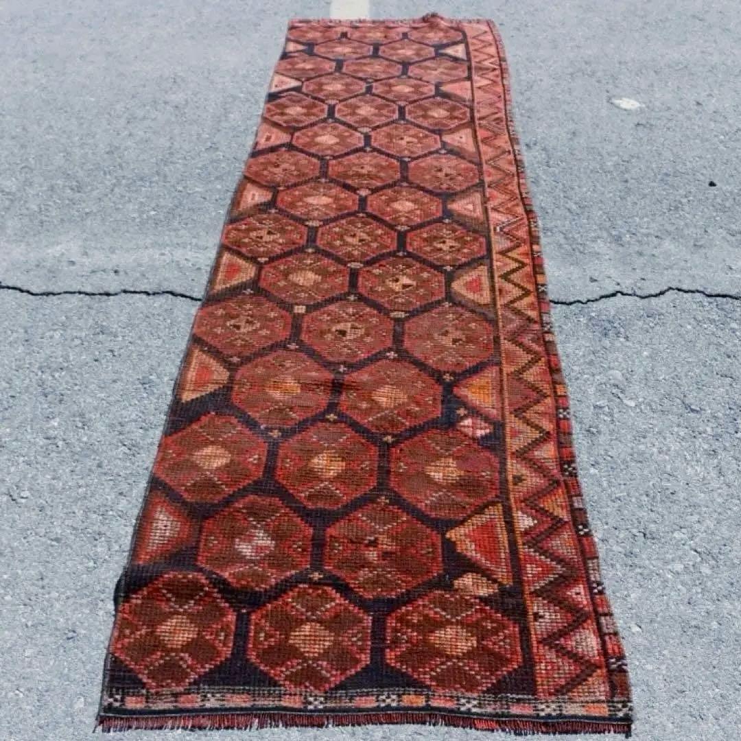 オレンジブラック　超ロングランナーラグ　ヴィンテージラグ　トルコラグ