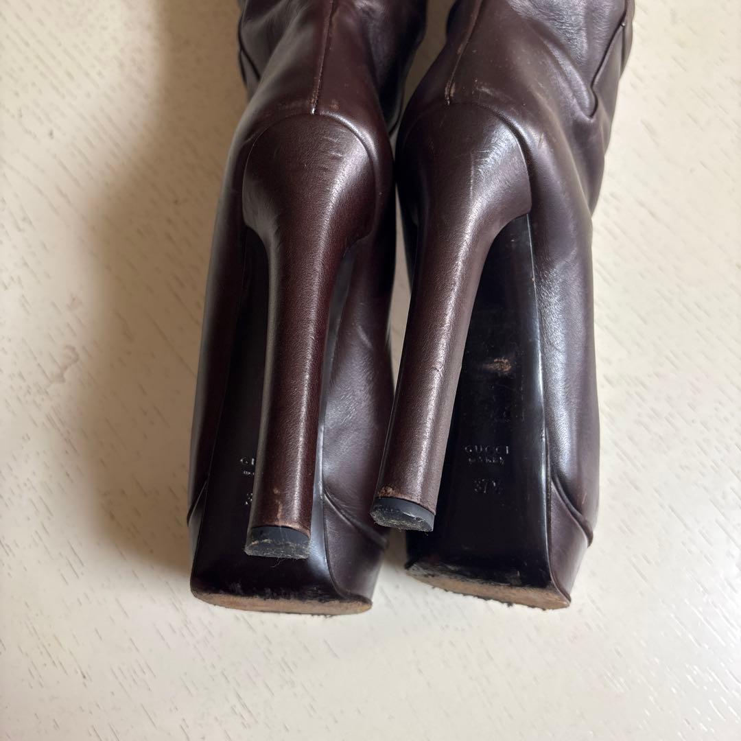 GUCCIダークブラウン レザー ロングブーツ