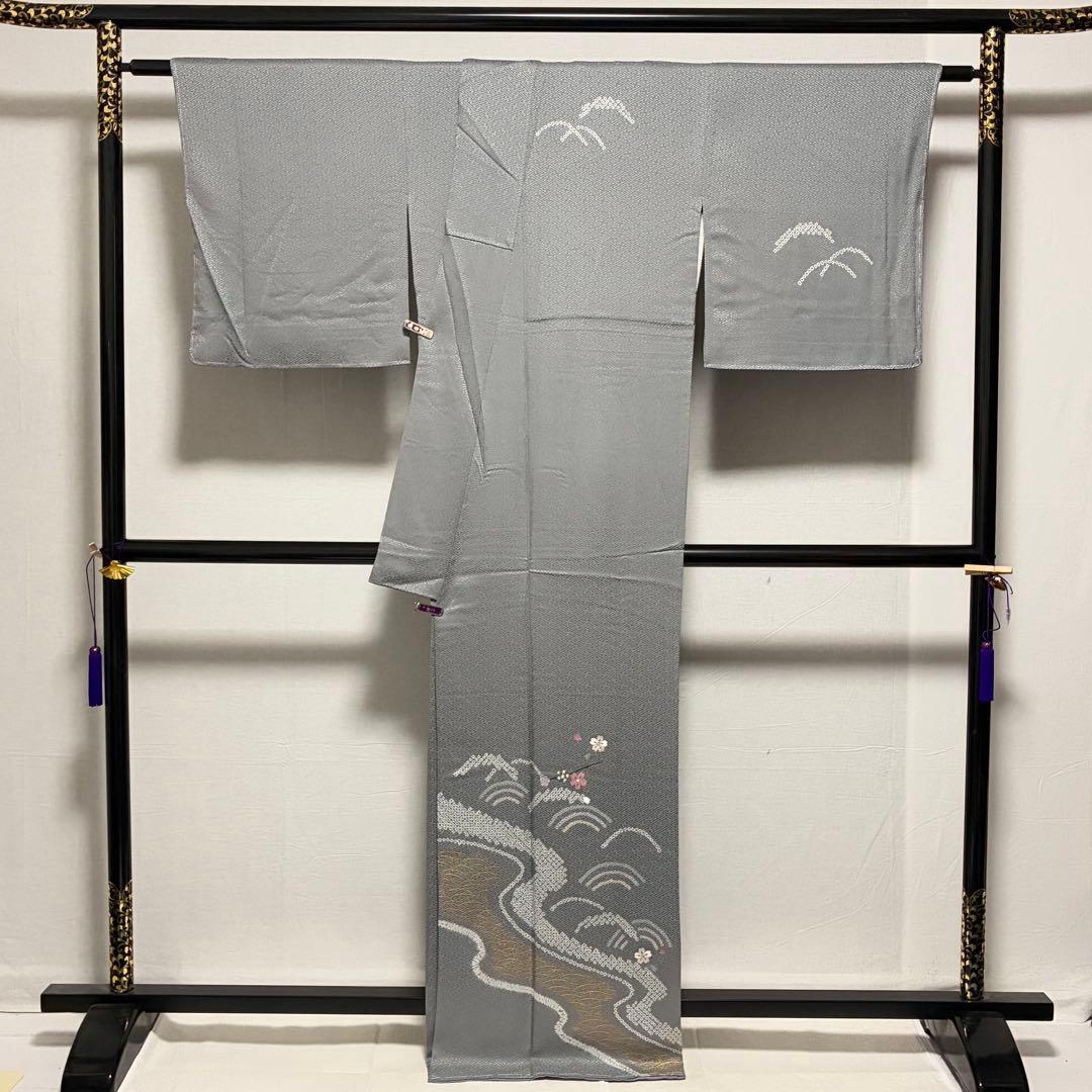 D182 訪問着　絞り　桜刺繍　流水　正絹　着物　袷　しつけ糸付き未使用極美品