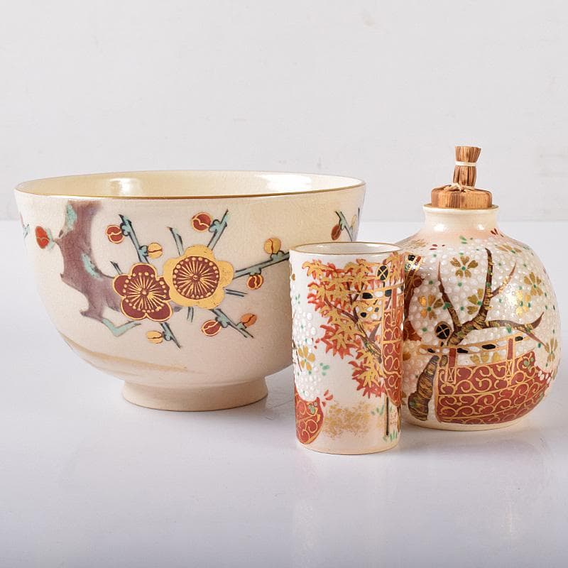 HSK KTHG九谷焼　茶碗など　八点一式　黒船裂仕覆　共箱　JR8250