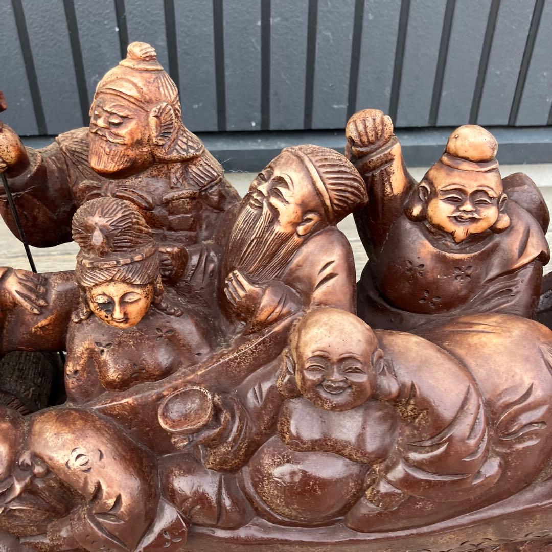 昭和レトロ 精密彫刻 大型 七福神 龍の船 宝船 縁起物 開運 置物 オブジェ