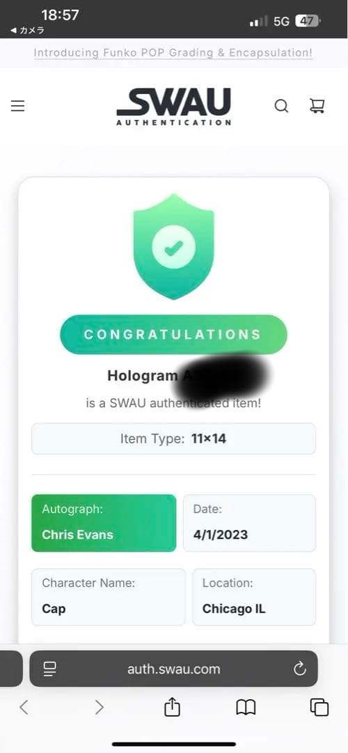 【1/3まで】　キャプテン・アメリカ サイン入りフォト　クリス・エヴァンス