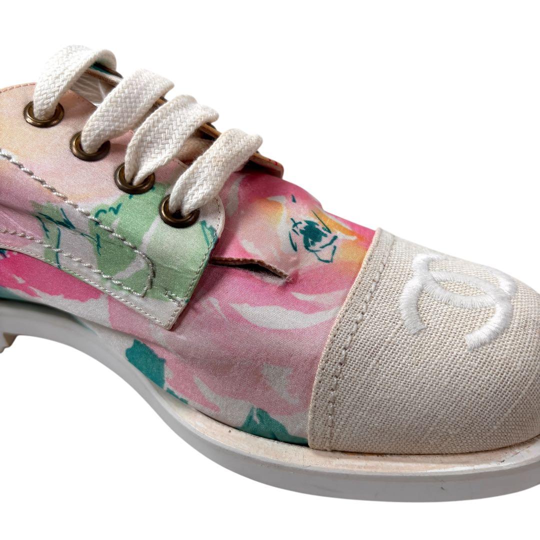 シャネル CHANELフラワー柄 レースアップシューズ 38 ※難あり