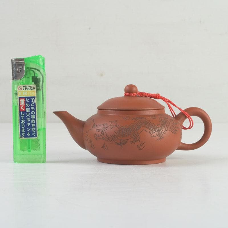 中国　紫砂　朱泥　雲龍鳳凰刻　急須　茶壷　在銘　N　9442