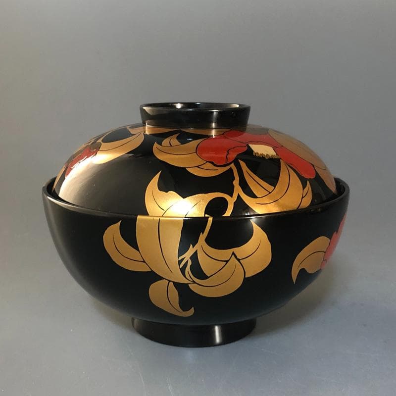 ◆506◆椿蒔絵　仙才吸物椀　木製漆器 平安堂 造 己ん典 作　五客