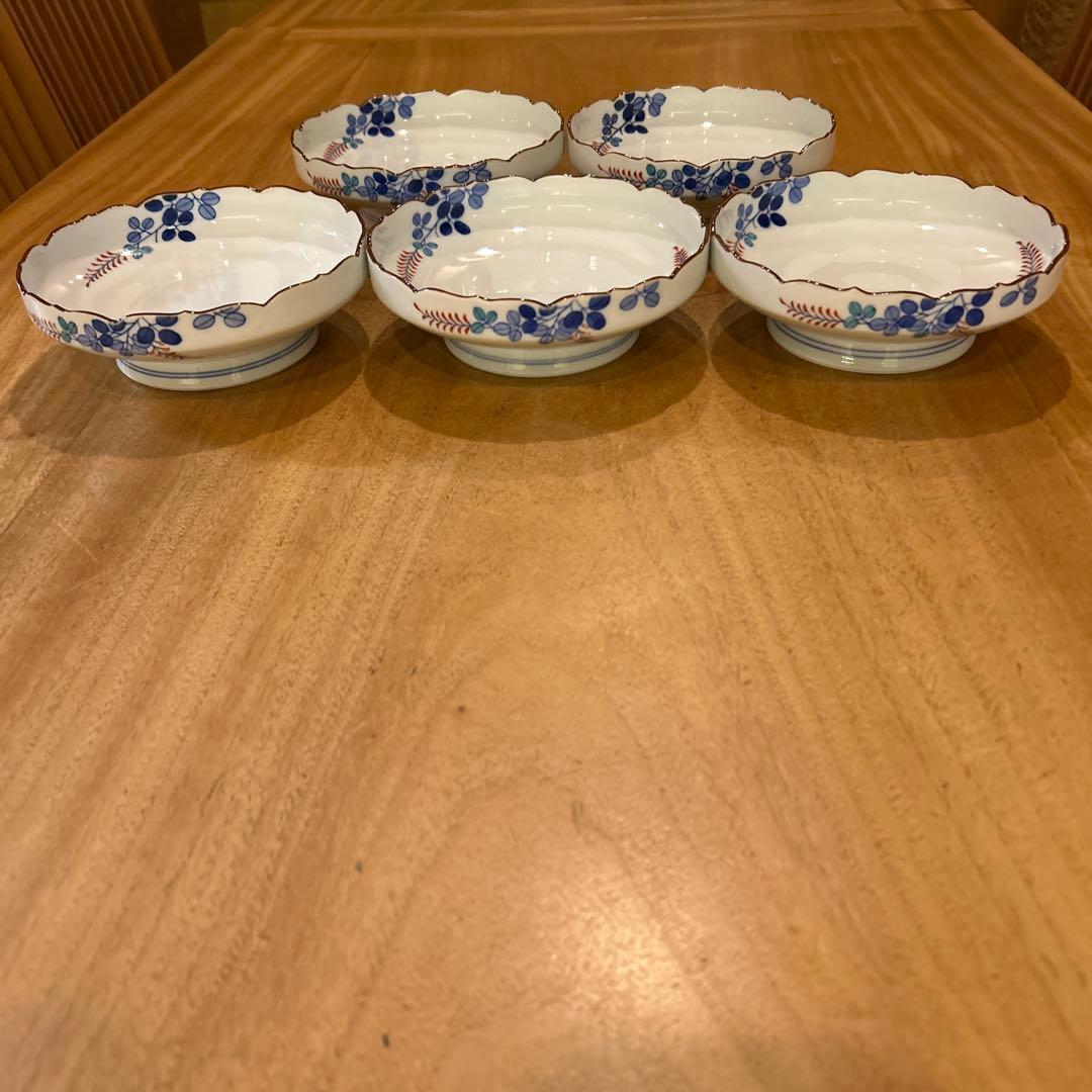 有田焼　辻製磁　辻常陸　萩絵付　高台平鉢　昭和期　五枚　(全十枚)