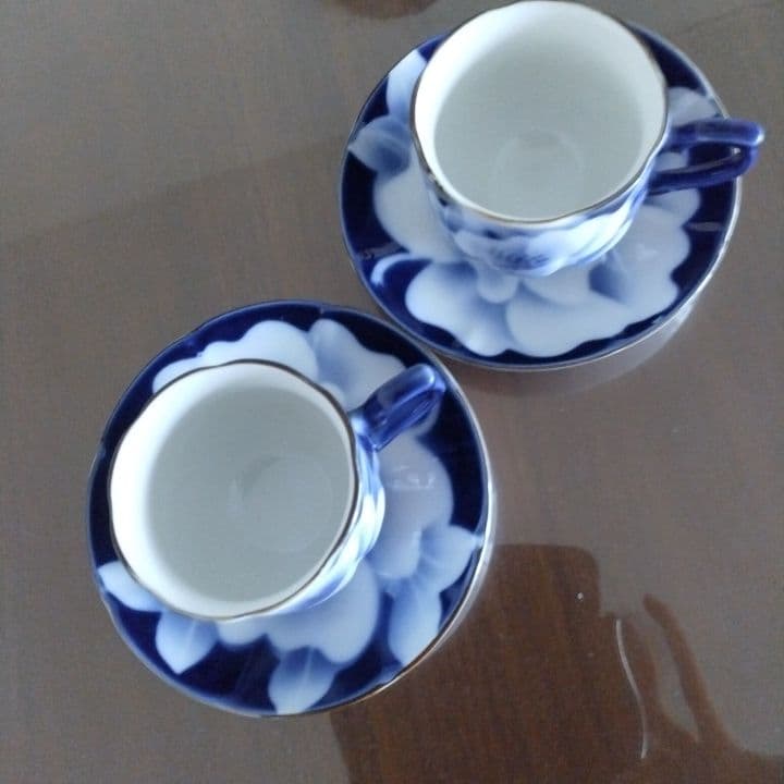 昭和レトロ⭐︎瑠璃色花模様のティーセット5点⭐︎新品未使用⭐︎手描きビンテージ