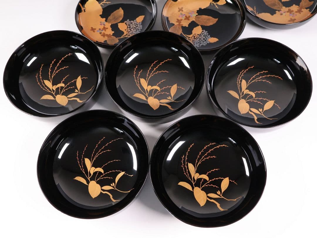 【MB190】天然木漆塗 紫陽花と葵 金蒔絵 螺鈿入 黒塗 煮物椀 五客 昭和期