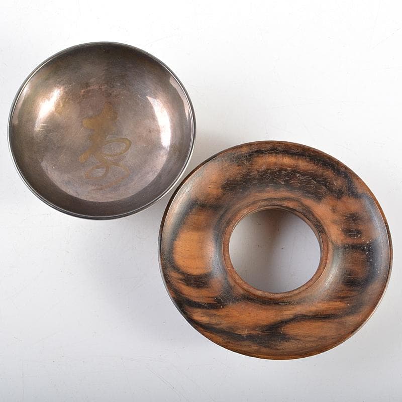 大陸　永楽善五郎作　鉄絵　蜻蛉文　内銀張　盃　黒柿盃台付　D　R5937