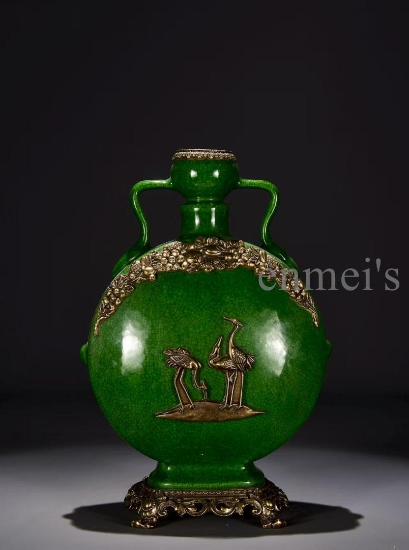 【時代の彩】中国古美術 清・乾隆 豆青釉 鶴の措金銅嵌扁瓶 花瓶 古陶磁 時代物