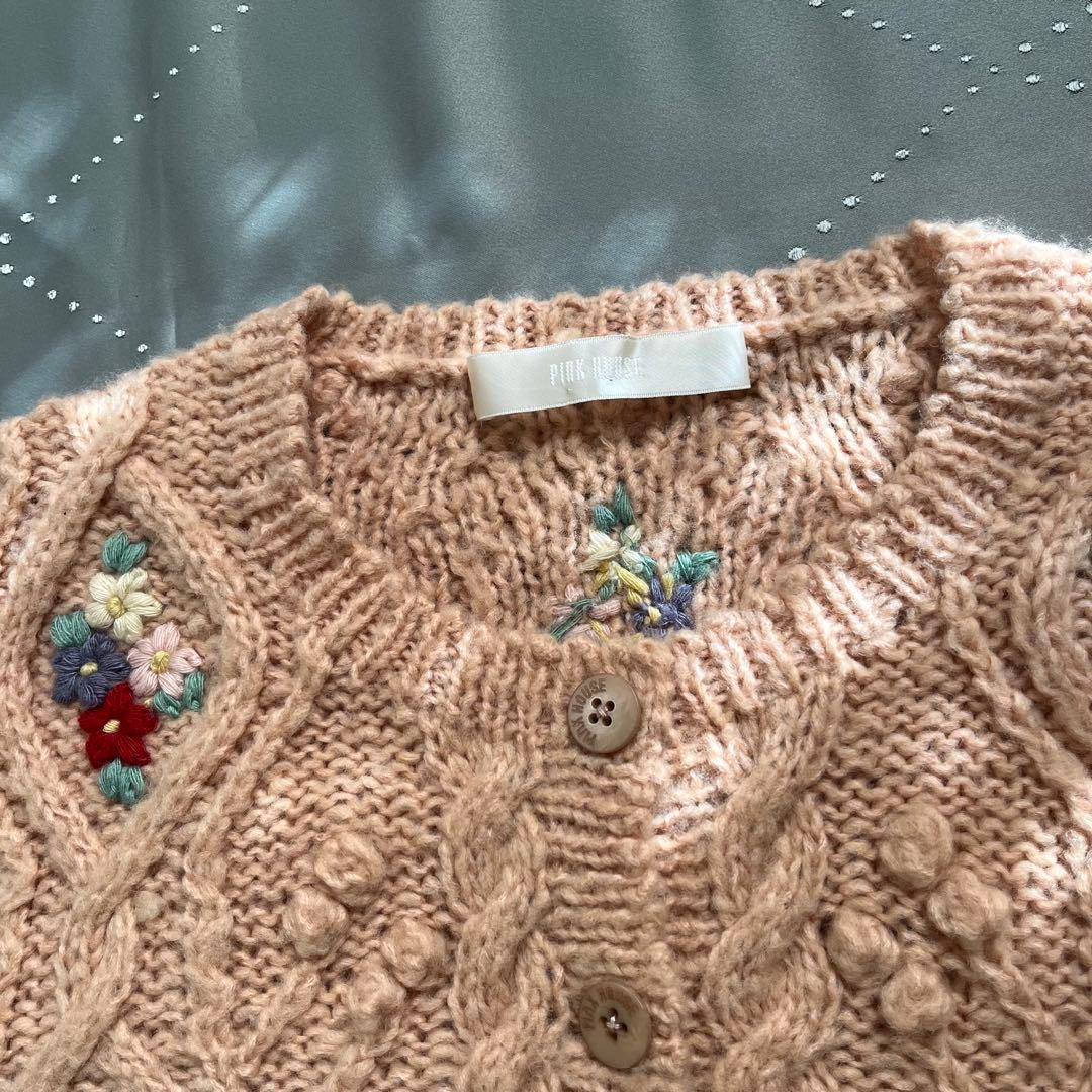 古着 ピンクハウス 花刺繍 ローゲージ手編み アランニット ピンク ヴィンテージ