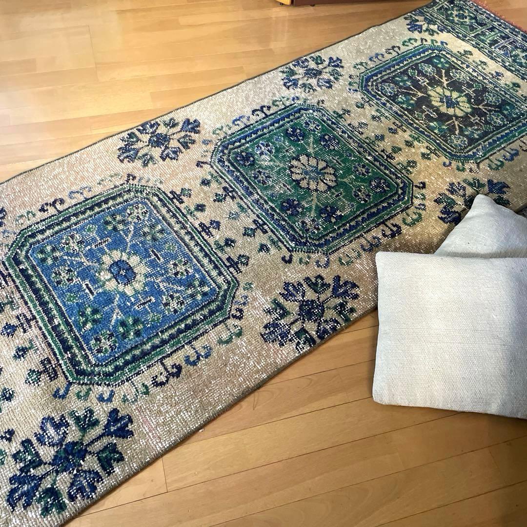 83×342 超ロング大判　ボタニカル　くすみイエロー　トルコヴィンテージラグ