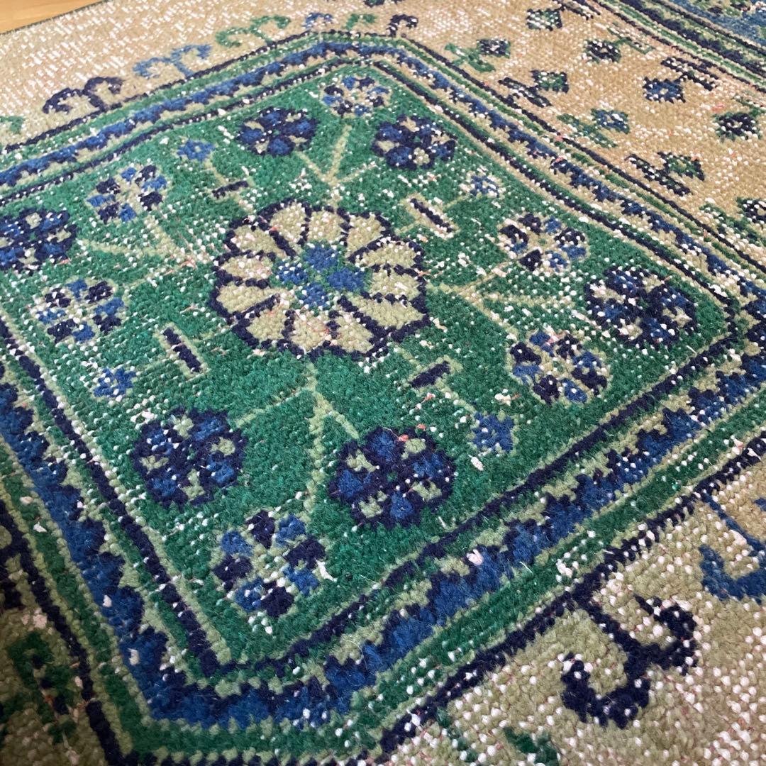 83×342 超ロング大判　ボタニカル　くすみイエロー　トルコヴィンテージラグ