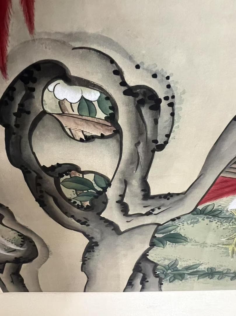 田中 野夫専用 水墨肉筆　錦鶏花葉太湖石図　南田沈銓 掛軸 中国美術(Y-12)