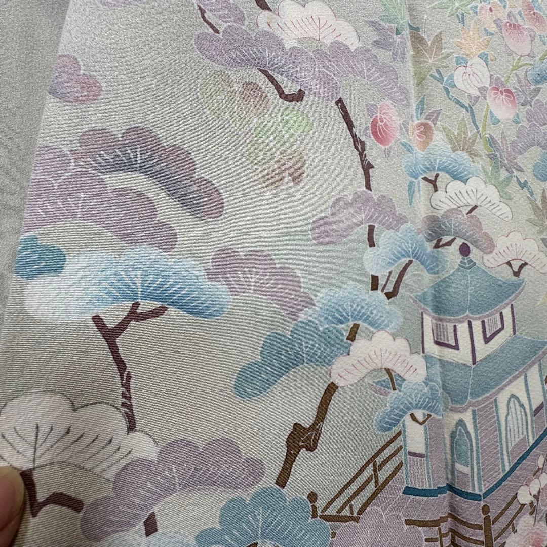超美品　正絹　袷　訪問着　着物　160裄67 手書き友禅　風景　淡色　薄緑　桃色