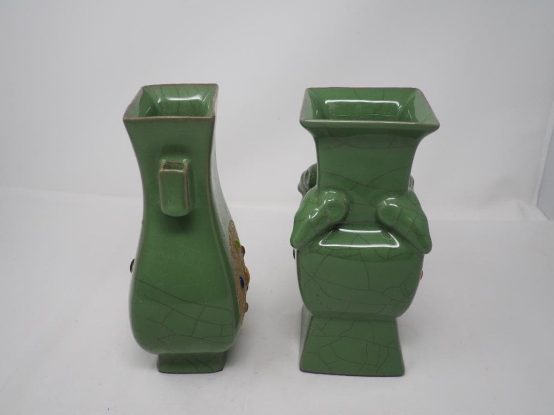 緑釉宝石嵌描金文字雙耳瓶　5セット　中国　宝石一つ欠け有　-SO