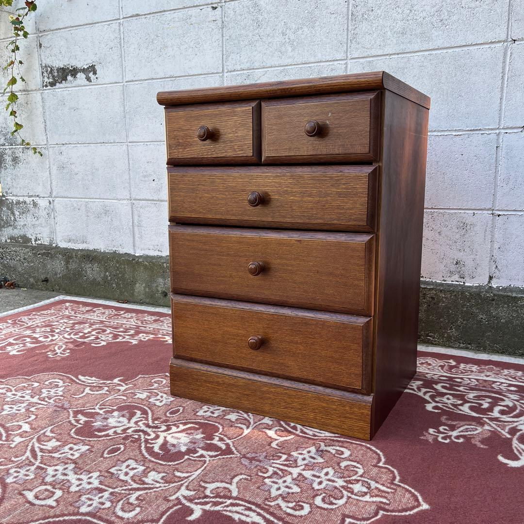 古家具ビンテージ品◾️オーク材突板 引き出し5杯 整理棚 収納棚 木製キャビネット