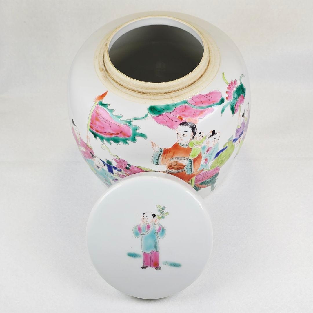 舶来品 中国古磁 五彩 手絵 麒麟天官送子図 大型 姜缶 人頭缶 清同治在銘