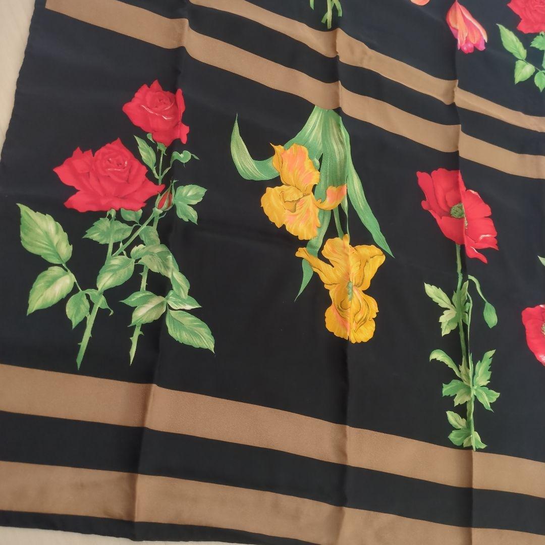 フェンディ FENDI スカーフ ストール 大判 シルク 絹 ボーダー 花柄 薔